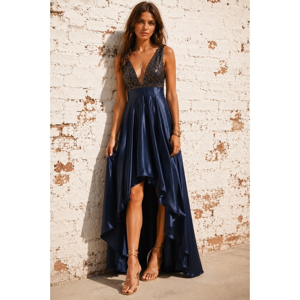 Elegant Navy High-Low Evening Dress with Beaded Bodice